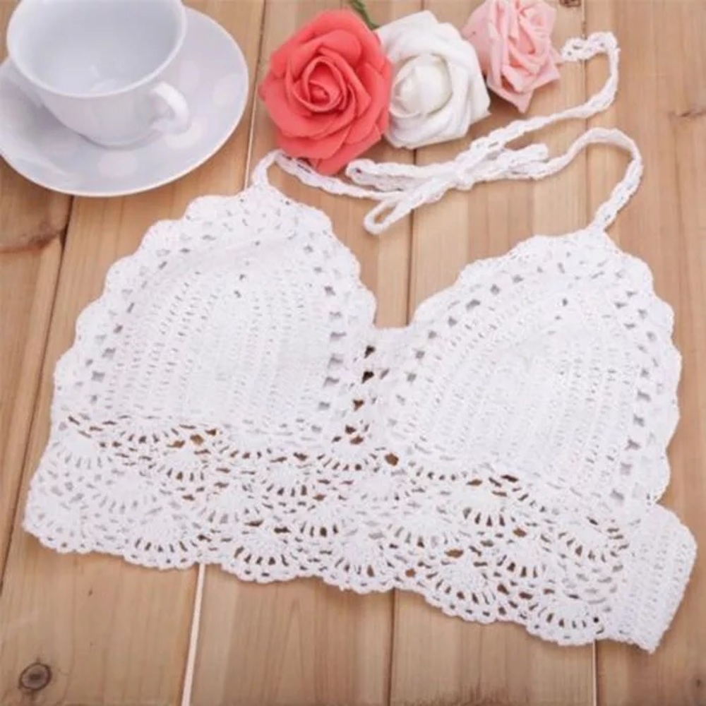 White Knitted Crochet Halter Top Crop Top